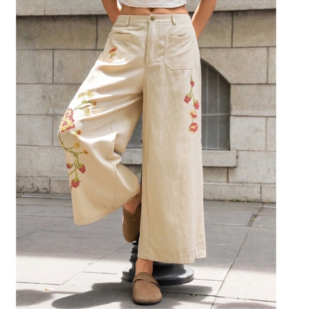 Boho Floral Embroidered Wide Leg Cropped Jeans XS S M L XL